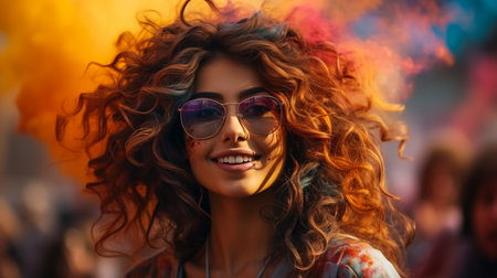 Beautiful young girl woman dance enjoy Multicolored smoke bombs cloud of dry color Holi powder colour gulal abeer event in spring break in the park Holi festival of colorの素材
