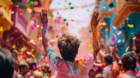 Young indian Friends face coloured with gulal showing coloured palmsの素材
