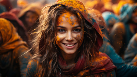 Young indian Friends face coloured with gulal showing coloured palmsの素材