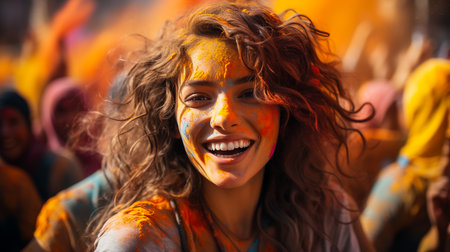 Young indian Friends face coloured with gulal showing coloured palmsの素材