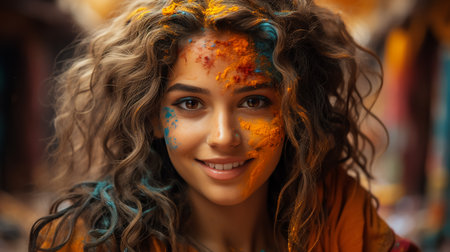 Young indian Friends face coloured with gulal showing coloured palmsの素材