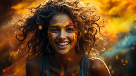 Portrait of multiracial woman at Holi Festivalの素材