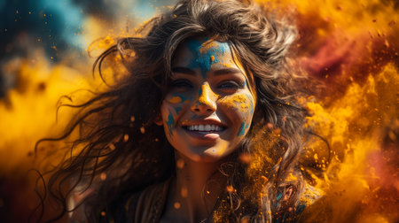 Cheerful happy woman in colorful bright paint in sunny day. Summer portrait of smiling feel good girl on nature background. Holi festival. Leisure enjoy lifeの素材