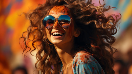 A portrait of a beautiful Indian woman with a colored face during the festival of Holi, Indiaの素材