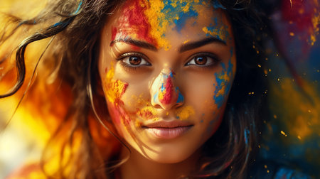 A portrait of a beautiful Indian woman with a colored face during the festival of Holi, Indiaの素材