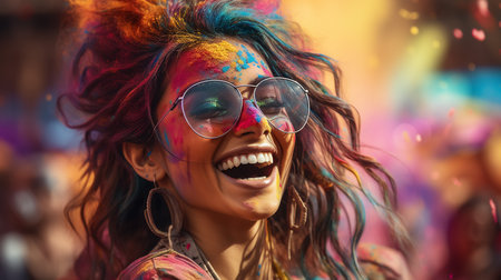 A portrait of a beautiful Indian woman with a colored face during the festival of Holi, Indiaの素材