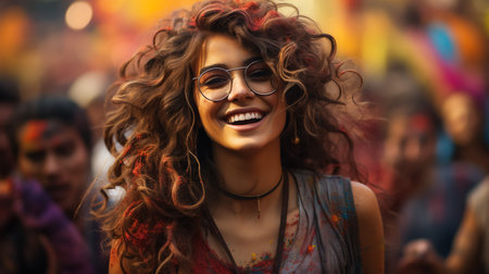 Holi festival. Cheerful happy woman in colorful bright paint. Summer portrait of smiling feel good lies girl. Multi colored faceの素材