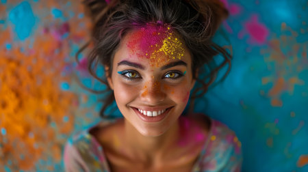 Happy sunny beautiful woman female teenager celebrating holi festival in spring, summer day outdoor in green park with light leaks and colorful powder. International spring happy holi holiday conceptの素材