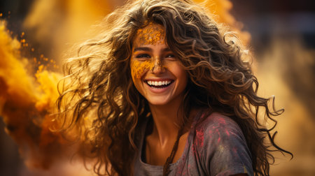 Happy sunny beautiful woman female teenager celebrating holi festival in spring, summer day outdoor in green park with light leaks and colorful powder. International spring happy holi holiday conceptの素材