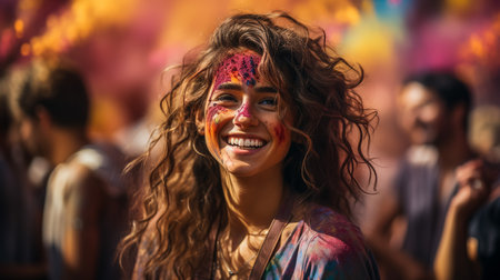 Happy sunny beautiful woman female teenager celebrating holi festival in spring, summer day outdoor in green park with light leaks and colorful powder. International spring happy holi holiday conceptの素材