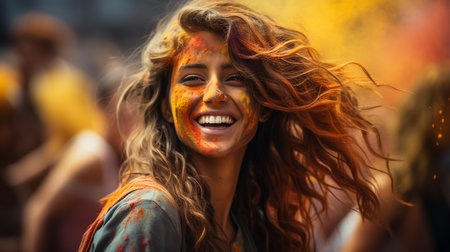 Happy holi party: sunny beautiful woman female teenager and two males men in sunglasses celebrating happy holi festival in spring, summer day outdoor in green park with light leaks and colorful powderの素材