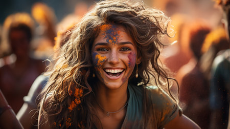 Beautiful woman with colored powder smeared on her face. Smiling girl playing with colors during holi festival at park.の素材