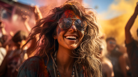 Beautiful woman with colored powder smeared on her face. Smiling girl playing with colors during holi festival at park.の素材