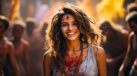 Beautiful woman with colored powder smeared on her face. Smiling girl playing with colors during holi festival at park.の素材