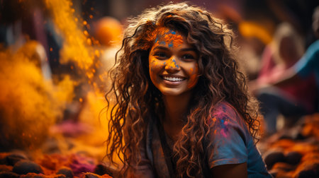 Beautiful woman with colored powder smeared on her face. Smiling girl playing with colors during holi festival at park.の素材