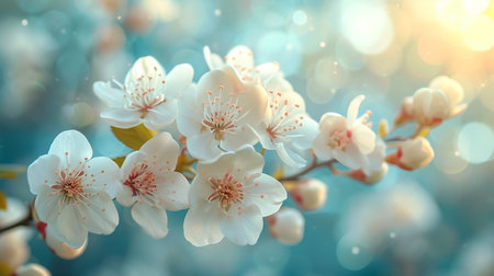 Branch with blooming white flowers of a fruit tree in spring with copy spaceの素材