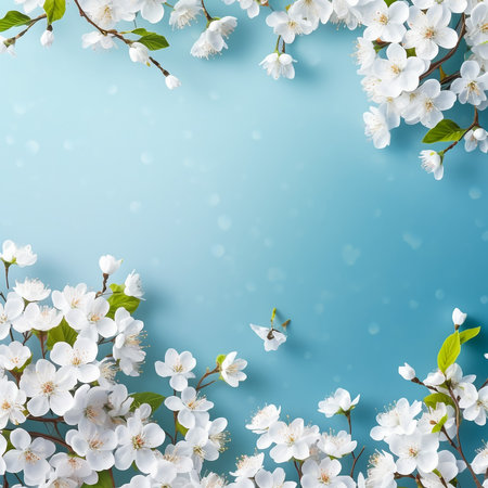Branch with blooming white flowers of a fruit tree in spring with copy spaceの素材