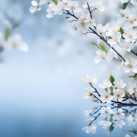 Branch with blooming white flowers of a fruit tree in spring with copy spaceの素材