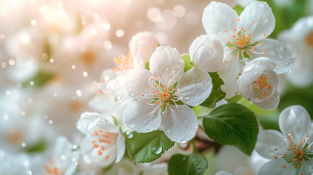 Branch with blooming white flowers of a fruit tree in spring with copy spaceの素材