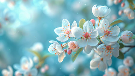 Branch with blooming white flowers of a fruit tree in spring with copy spaceの素材
