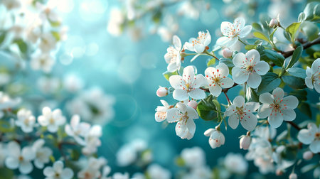Branch with blooming white flowers of a fruit tree in spring with copy spaceの素材