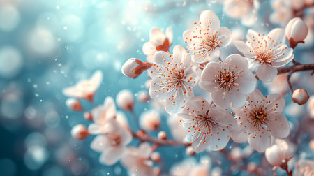 Branch with blooming white flowers of a fruit tree in spring with copy spaceの素材