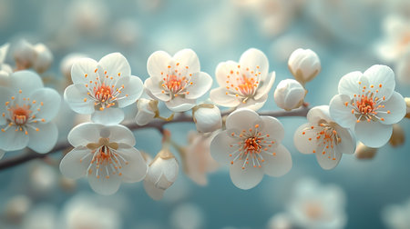 Branch with blooming white flowers of a fruit tree in spring with copy spaceの素材