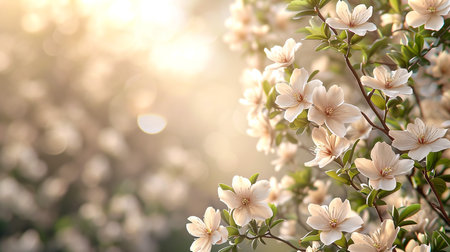 Branch with blooming white flowers of a fruit tree in spring with copy spaceの素材