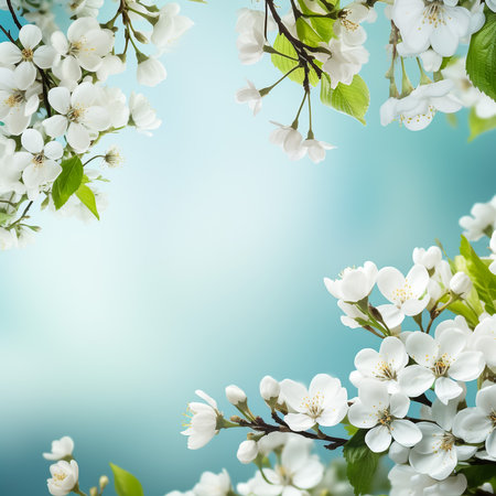Branch with blooming white flowers of a fruit tree in spring with copy spaceの素材