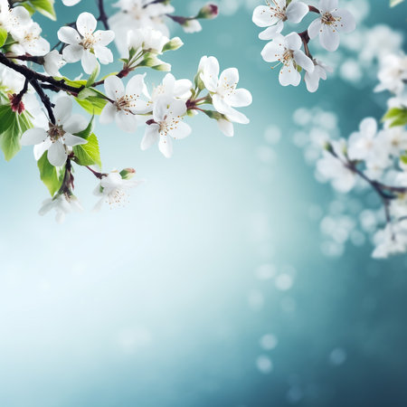 Branch with blooming white flowers of a fruit tree in spring with copy spaceの素材