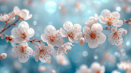 Branch with blooming white flowers of a fruit tree in spring with copy spaceの素材