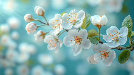 Branches of a blossoming apricot tree with soft focus in the sunlight, a beautiful spring floral image.の素材