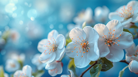 Branches of a blossoming apricot tree with soft focus in the sunlight, a beautiful spring floral image.の素材