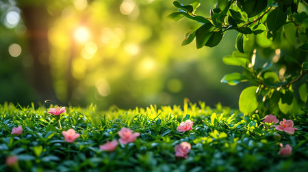 Cute little daisies isolated in vibrant green grass during spring with shallow dept of field creating beautiful bookahの素材