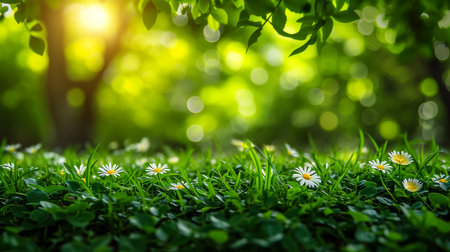 Cute little daisies isolated in vibrant green grass during spring with shallow dept of field creating beautiful bookahの素材