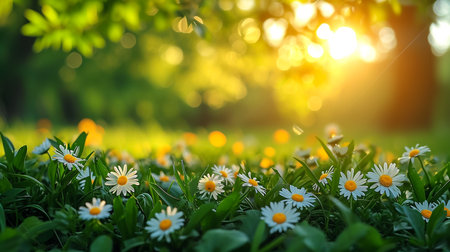Cute little daisies isolated in vibrant green grass during spring with shallow dept of field creating beautiful bookahの素材