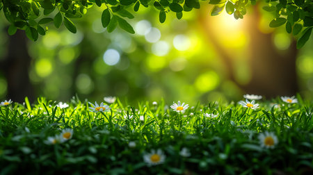 Cute little daisies isolated in vibrant green grass during spring with shallow dept of field creating beautiful bookahの素材
