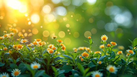 White Daises flowers on meadow during spring blossom with sunrays, selective focus and blurred backgroundの素材