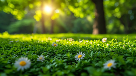 White Daises flowers on meadow during spring blossom with sunrays, selective focus and blurred backgroundの素材