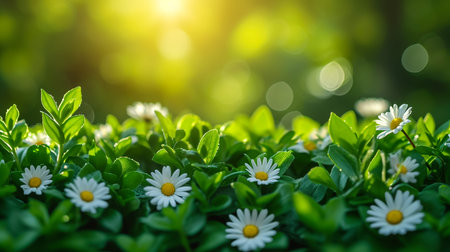 Daisy flower on green meadow in spring blowing in a garden under sun lightの素材