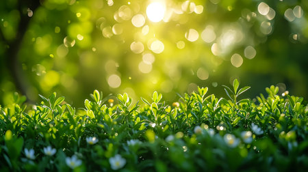 Daisy flower on green meadow in spring blowing in a garden under sun lightの素材