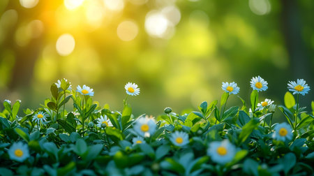 White Daises flowers on meadow during spring blossom with sunrays, selective focus and blurred backgroundの素材
