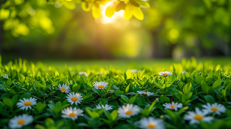 Daisy flower on green meadow in spring blowing in a garden under sun lightの素材