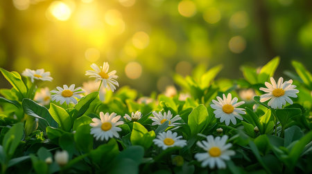 Daisy flower on green meadow in spring blowing in a garden under sun lightの素材