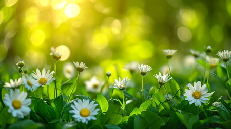 Daisy flower on green meadow in spring blowing in a garden under sun lightの素材
