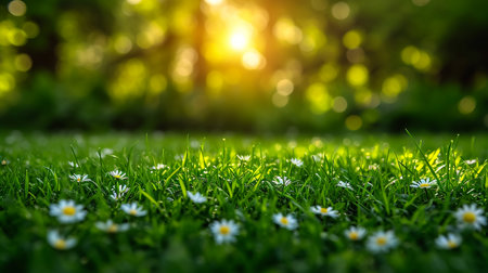 Daisy flower on green meadow in spring blowing in a garden under sun lightの素材