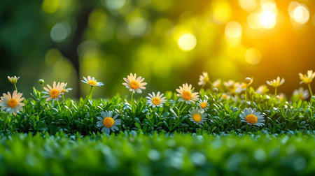 Meadow with lots of white spring daisy flowers in sunny day.の素材