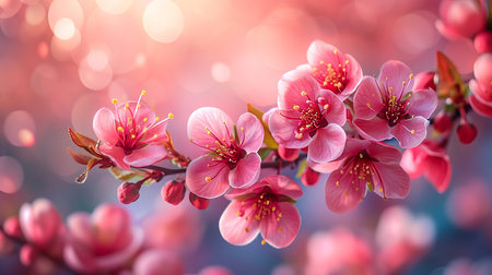 Rays of golden morning sunbeams shining through branches of pink sakura cherry blossom trees in springの素材