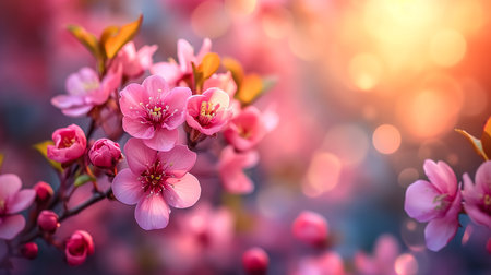 Rays of golden morning sunbeams shining through branches of pink sakura cherry blossom trees in springの素材