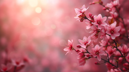 Rays of golden morning sunbeams shining through branches of pink sakura cherry blossom trees in springの素材